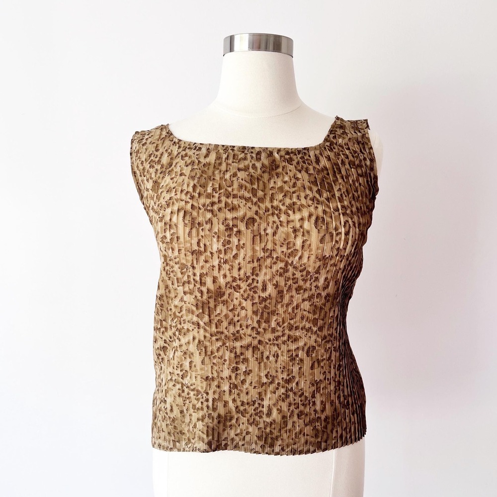 Jazzie Women Sleeveless Top Brown Leopard Print Pleated Boat‎ Neck 1X
